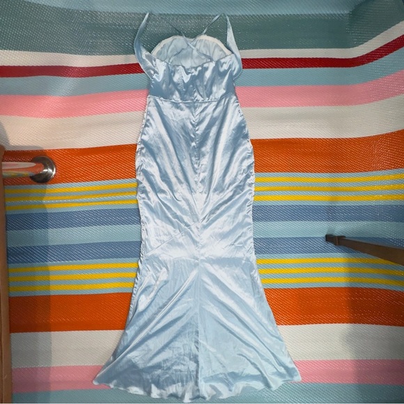 Marthea Blue Satin Ruched Sheath Dress Spaghetti Strap Prom - Picture 2 of 4